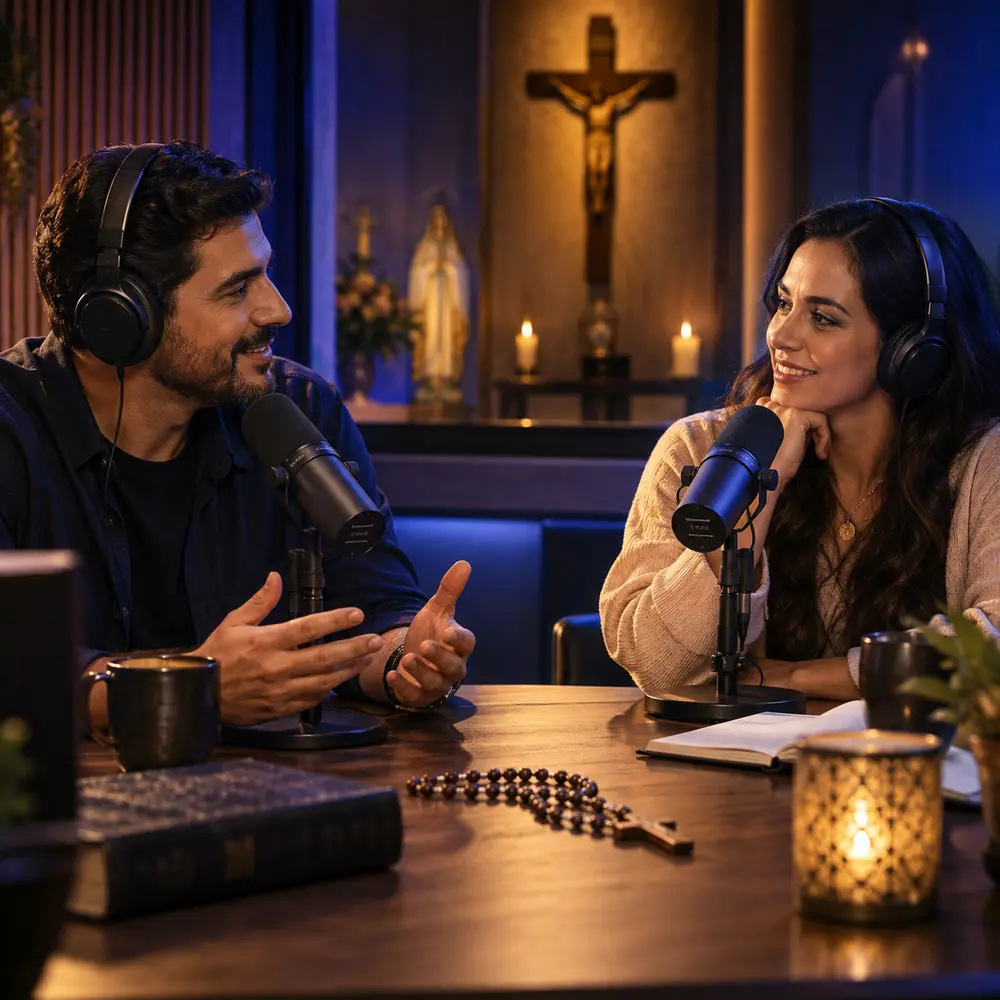 Conversa em um estúdio católico com microfones, crucifixo e rosário