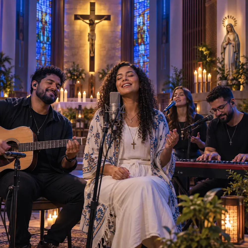 Músicos católicos em uma sessão de louvor dentro de uma igreja